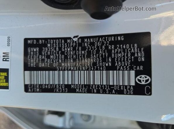 5YFEPMAE6NP347140 2022 TOYOTA LL Белый 