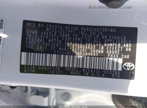 5YFS4MCE3RP199687 2024 TOYOTA LL White Widok komory silnika