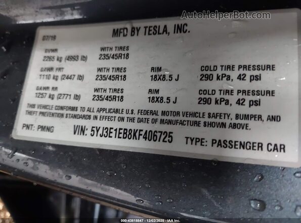 5YJ3E1EB8KF406725 2019 TESLA MODEL 3 Серый Вид подкапотного пространства