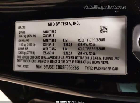 5YJ3E1EBXSF063268 2025 TESLA MODEL 3 Черный Вид подкапотного пространства