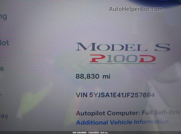 5YJSA1E41JF257694 2018 TESLA MODEL S Черный Панорамный вид салона 360°