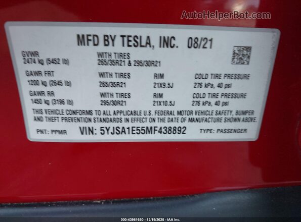 5YJSA1E55MF438892 2021 TESLA MODEL S Red ძრავის განყოფილების ხედი