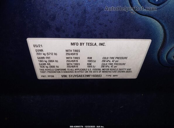 5YJYGAEE2MF193803 2021 TESLA MODEL Y Dark Blue Вид підкапотного простору