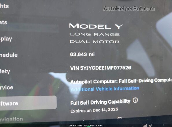 5YJYGDEE1MF077526 2021 TESLA MODEL Y White Панорамний вид салону 360°