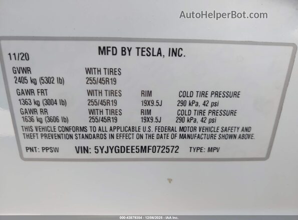 5YJYGDEE5MF072572 2021 TESLA MODEL Y White Շարժիչի բաժամունքի տեսք