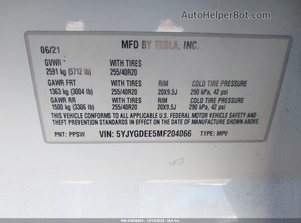 5YJYGDEE5MF204066 2021 TESLA MODEL Y White Вид підкапотного простору