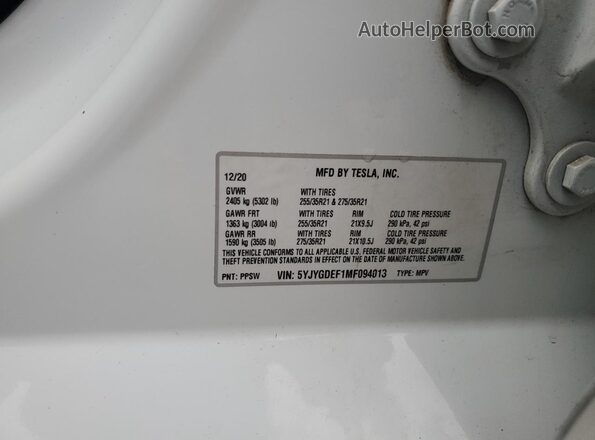 5YJYGDEF1MF094013 2021 TESLA MODEL White Widok wnętrza 360 stopni