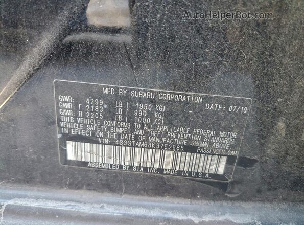 4S3GTAM68K3752685 2019 SUBARU IMPREZA Black VIN կոդի պիտակի տեսք