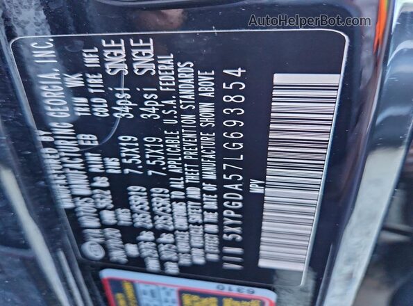 5XYPGDA57LG693854 2020 KIA SORENTO Black Widok naklejki z numerem VIN
