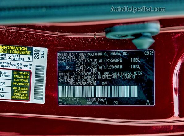 5TDXSKFC5NS055750 2022 TOYOTA SIENNA Бордовый Вид задней части салона