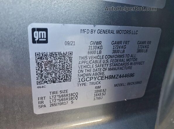1GCPYCEH8MZ444686 2021 CHEVROLET SILVERADO Silver Widok naklejki z numerem VIN