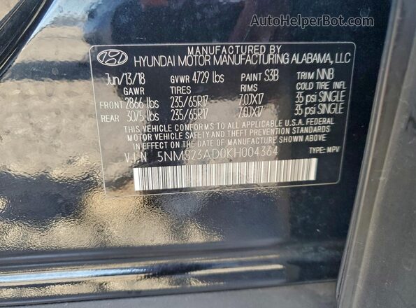 5NMS23AD0KH004364 2019 HYUNDAI SANTA FE Черный Панорамный вид салона 360°