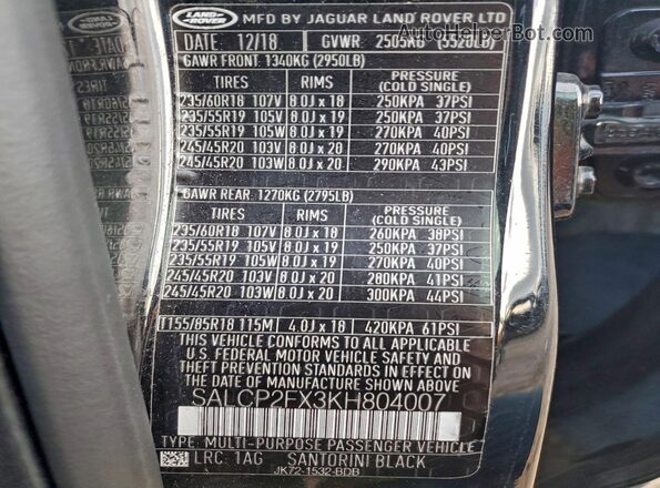SALCP2FX3KH804007 2019 LAND ROVER DISCOVERY Black Панорамний вид салону 360°