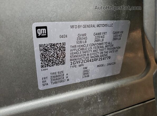 1GYFZCR41RF214779 2024 CADILLAC XT4 Silver Widok naklejki z numerem VIN
