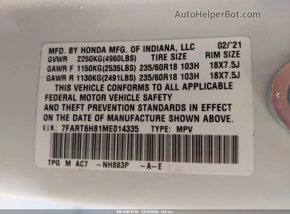 7FART6H81ME014335 2021 HONDA CR-V HYBRID Белый Вид подкапотного пространства