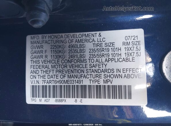 7FART6H90ME031491 2021 HONDA CR-V HYBRID Blue Вид підкапотного простору