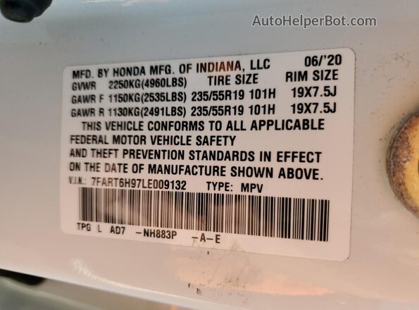 7FART6H97LE009132 2020 HONDA CR-V White VIN კოდის სტიკერის ხედი