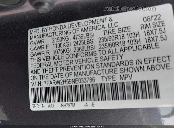 7FARW2H59NE033786 2022 HONDA CR-V Blue Вид підкапотного простору