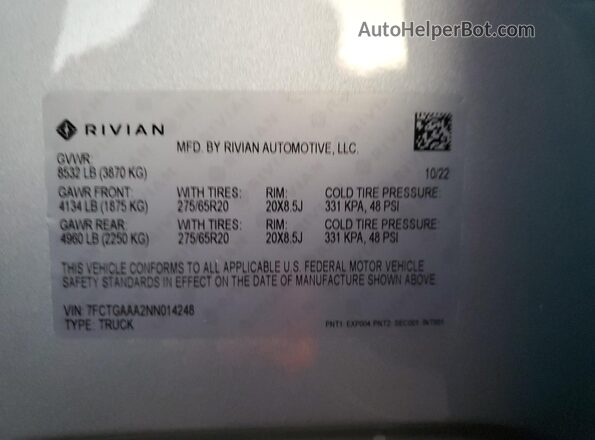 7FCTGAAA2NN014248 2022 RIVIAN R1T Silver Widok naklejki z numerem VIN