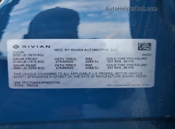 7FCTGAAA3PN023740 2023 RIVIAN R1T Синий Вид наклейки с VIN-кодом