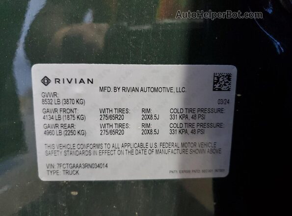 7FCTGAAA3RN034014 2024 RIVIAN R1T Green VIN sticker view