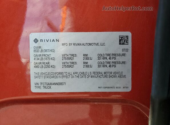 7FCTGAAA4NN008371 2022 RIVIAN R1T Red Вид підкапотного простору