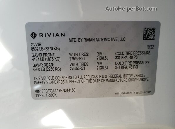 7FCTGAAA7NN014150 2022 RIVIAN R1T Белый Вид подкапотного пространства