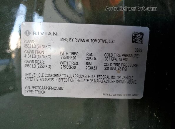7FCTGAAA9PN020907 2023 RIVIAN R1T Green Вид наклейки з VIN-кодом