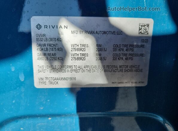 7FCTGAAAXNN015616 2022 RIVIAN R1T Blue Widok naklejki z numerem VIN