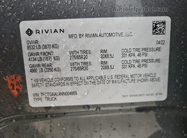 7FCTGAAL4NN004869 2022 RIVIAN R1T Серый Панорамный вид салона 360°