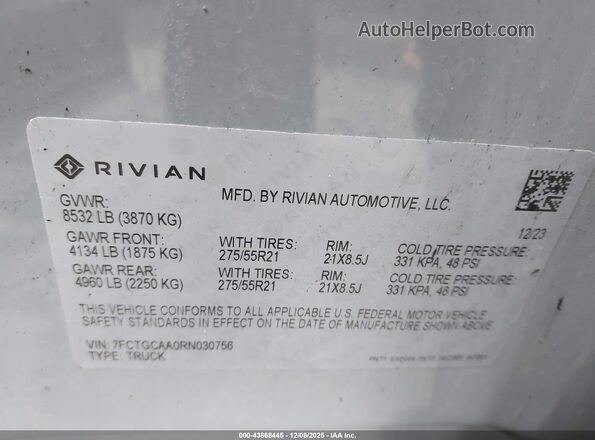 7FCTGCAA0RN030756 2024 RIVIAN R1T Gray VIN sticker view
