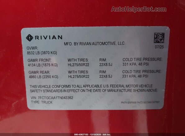 7FCTGCAA1TN043362 2026 RIVIAN R1T Красный Вид подкапотного пространства