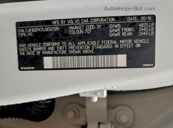 7JR102FK7LG032126 2020 VOLVO S60 Белый Вид подкапотного пространства