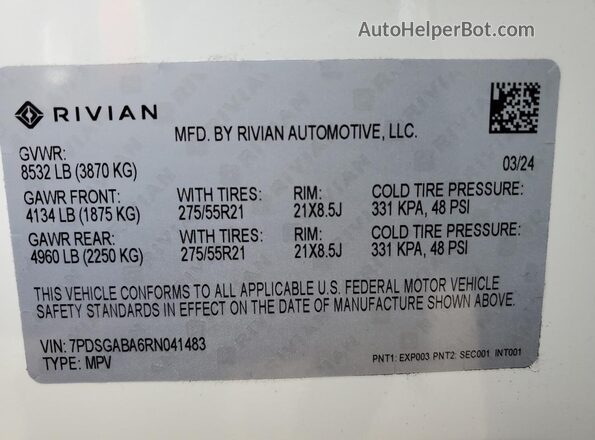 7PDSGABA6RN041483 2024 RIVIAN R1S Белый Вид наклейки с VIN-кодом