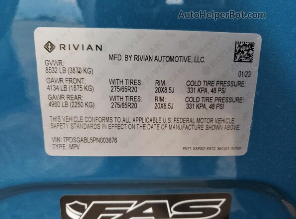 7PDSGABL5PN003676 2023 RIVIAN R1S Blue Սալոնի 360 աստիճան տեսք