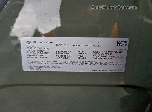 7PDSGABL6RN034809 2024 RIVIAN R1S Green VIN sticker view