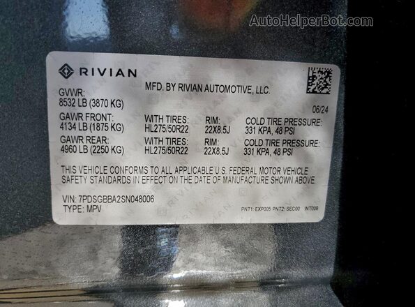 7PDSGBBA2SN048006 2025 RIVIAN R1S Gray VIN կոդի պիտակի տեսք