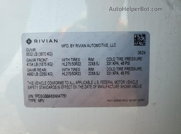7PDSGBBA8SN047751 2025 RIVIAN R1S Белый Вид наклейки с VIN-кодом