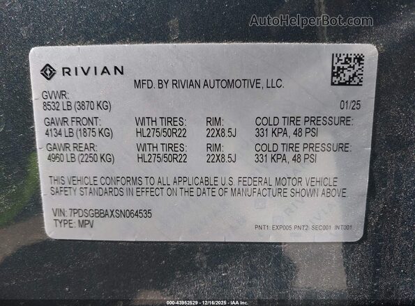 7PDSGBBAXSN064535 2025 RIVIAN R1S Gray Вид підкапотного простору