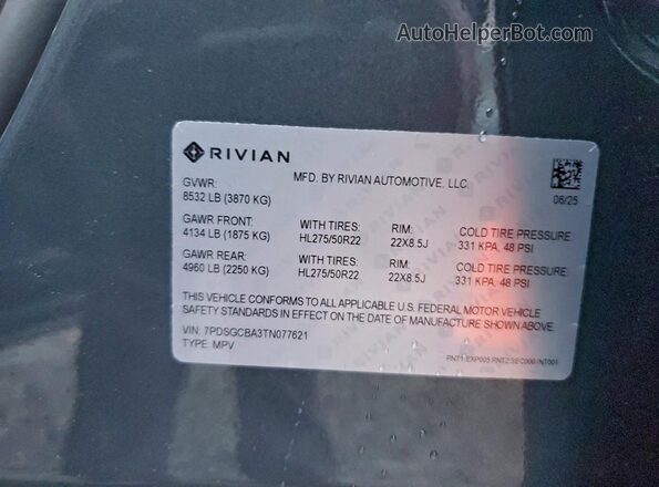 7PDSGCBA3TN077621 2026 RIVIAN R1S Серый Вид наклейки с VIN-кодом