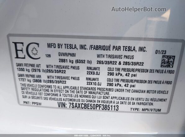 7SAXCBE50PF385113 2023 TESLA MODEL X Белый Вид подкапотного пространства