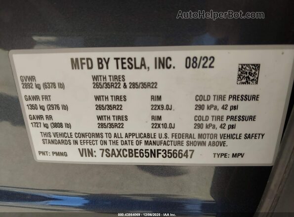 7SAXCBE65NF356647 2022 TESLA MODEL X Gray Вид підкапотного простору