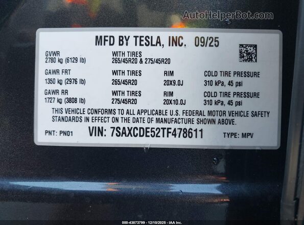 7SAXCDE52TF478611 2026 TESLA MODEL X Серый Вид подкапотного пространства