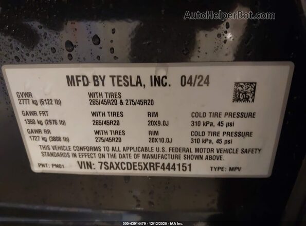 7SAXCDE5XRF444151 2024 TESLA MODEL X Черный Вид подкапотного пространства