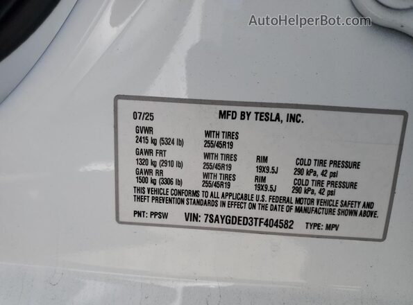 7SAYGDED3TF404582 2026 TESLA MODEL White VIN կոդի պիտակի տեսք