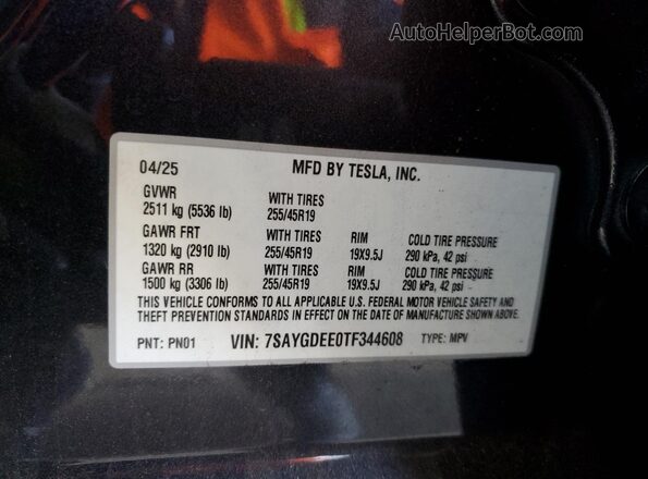 7SAYGDEE0TF344608 2026 TESLA MODEL Gray VIN კოდის სტიკერის ხედი