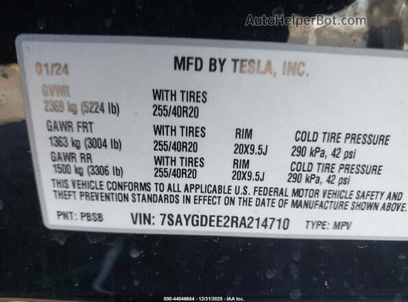 7SAYGDEE2RA214710 2024 TESLA MODEL Y Черный Вид подкапотного пространства