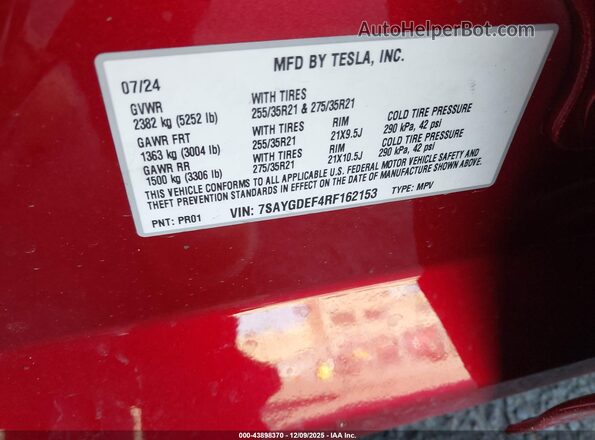 7SAYGDEF4RF162153 2024 TESLA MODEL Y Red ძრავის განყოფილების ხედი