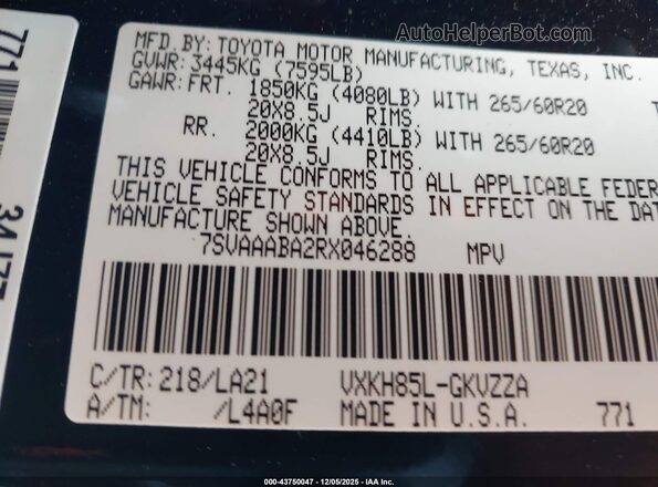 7SVAAABA2RX046288 2024 TOYOTA SEQUOIA Черный Вид подкапотного пространства