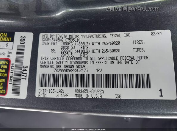 7SVAAABA8RX032475 2024 TOYOTA SEQUOIA Gray Widok komory silnika